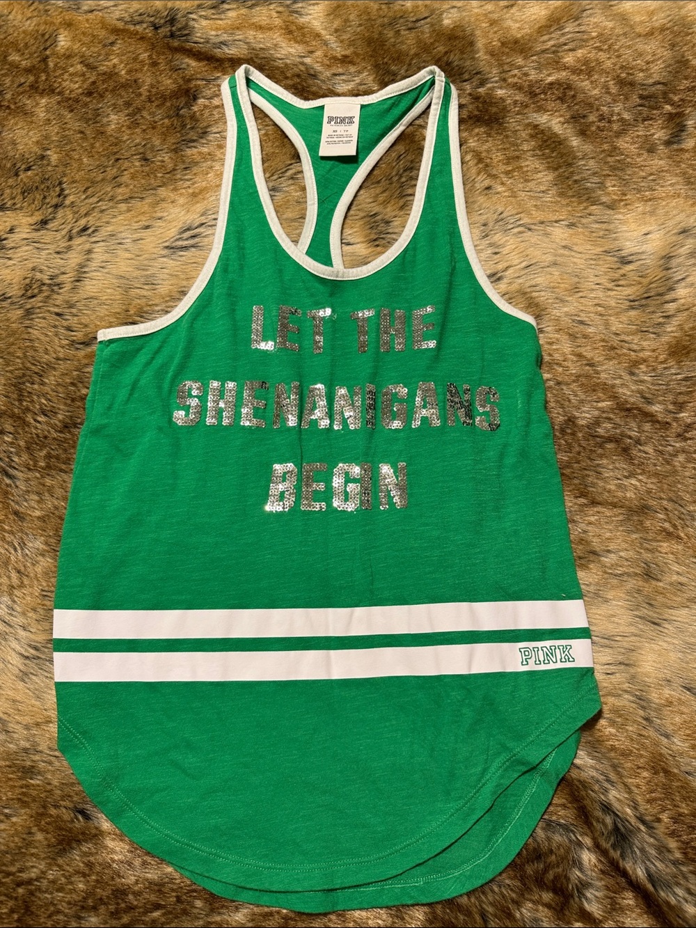 PINK Victoria's Secret Green Racerback Tank with White Trim and Sequin Slogan